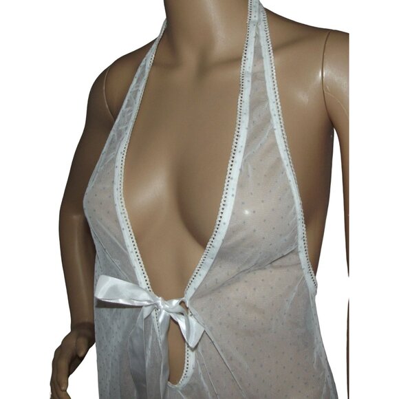Frederick Medium Gown white purple mesh V-Neck Babydoll chemise nightie polkadot - Picture 2 of 8